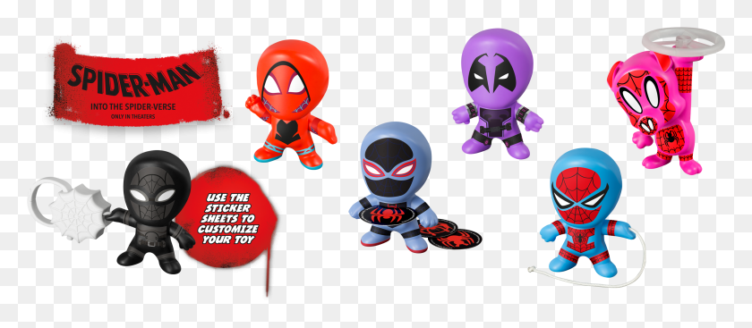 2723x1075 Into The Spider Verse Happy Meal Toys Revealed Spider Man Into The Spider Verse Mcdonalds Toys, Text, Ninja, Astronaut HD PNG Download