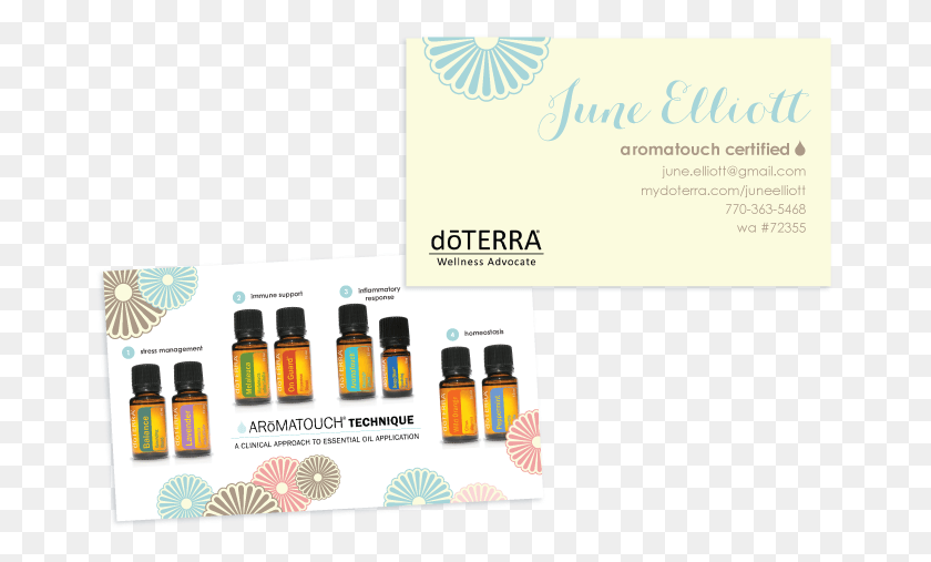 667x447 Descargar Png Intro To Aromatouch Blue Theme Doterra Business Card Doterra Aromatouch Gift Card, Botella, Texto, Papel Hd Png