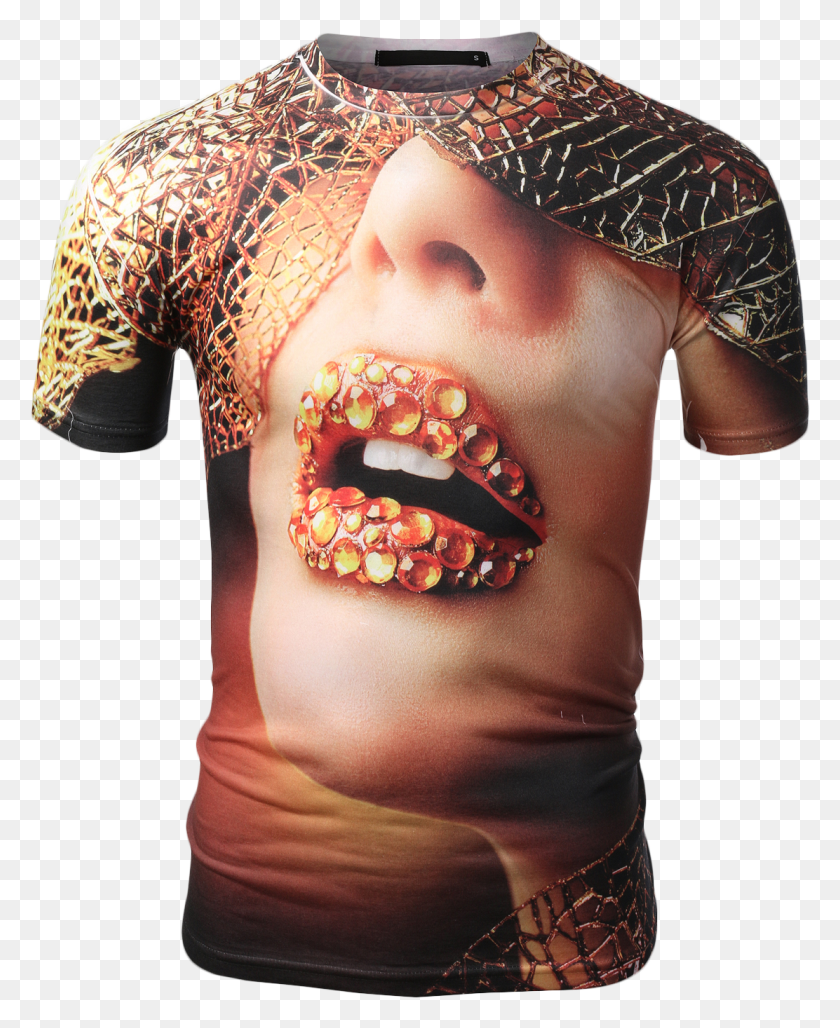 1112x1381 Jeweled Lip Print Sublimation T Shirt Print T Shirt, Teeth, Mouth, Person Descargar Hd Png