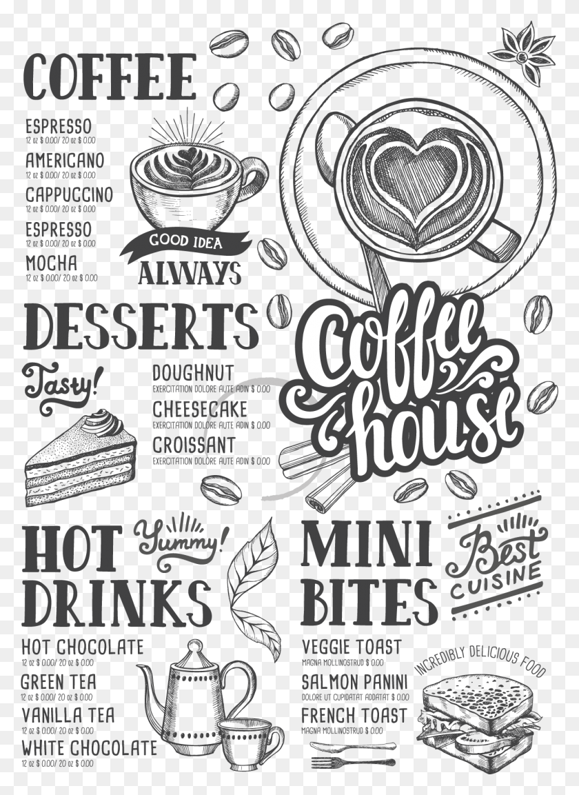 1257x1763 Jpg Black And White Coffee Tea Cafe Hamburger Shop Menu Coffee Free Vector, Text, Advertisement, Poster HD PNG Download