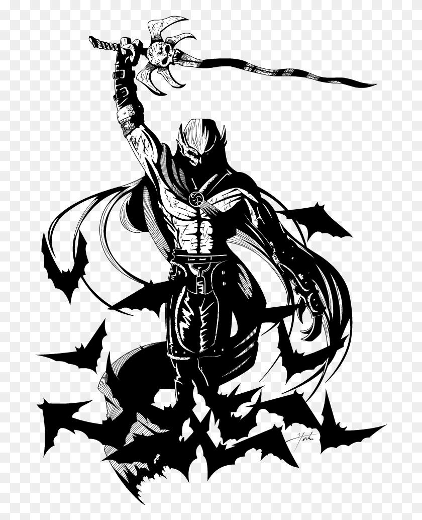 702x974 Jpg Black And White Kain With Reaver Aloft By Crimsongear Soul Reaver Tattoo Kain, Person, Human, Hand HD PNG Download