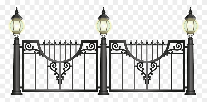 2722x1242 Jpg Transparent Street Light Fence Lantern Fence Light Clipart, Lamp Post, Gate, Railing HD PNG Download