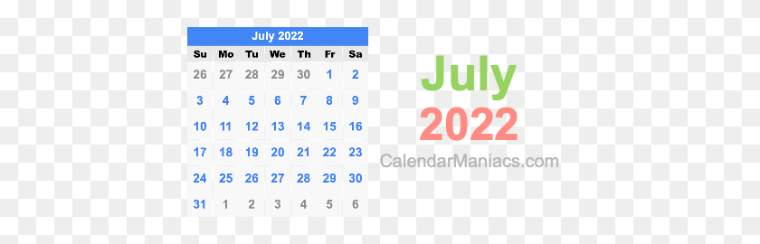 425x210 July 2022 Calendarly Calendar, Printable, Month Clipart PNG