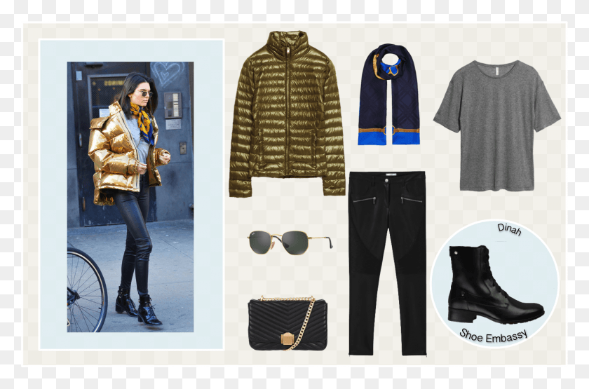 1612x1023 Kendall Jenner Gold Puffer Jacket Outfit Riding Boot, Clothing, Apparel, Person HD PNG Download