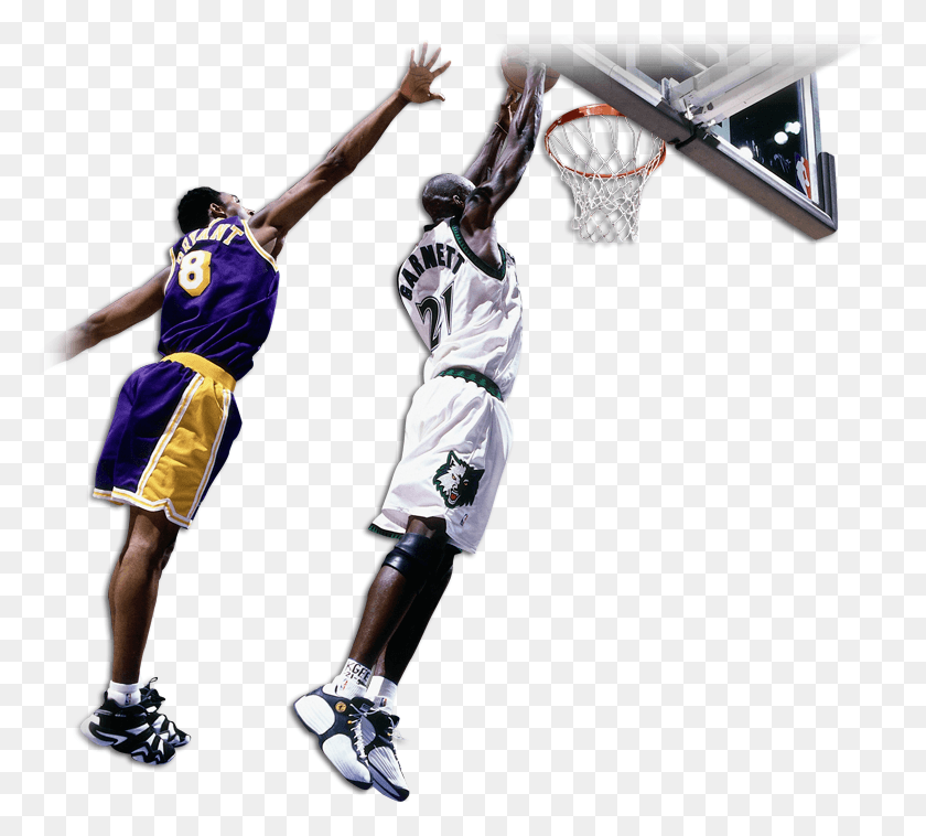 773x698 Kevin Garnett Fights For A Dunk Over Defender Kobe Kobe Bryant Dunk, Person, Human, People HD PNG Download