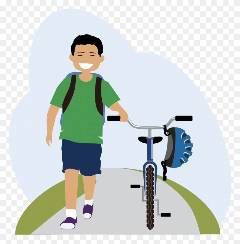 1821x1855 Niño Caminando Bicicleta Caminando Una Bicicleta De Dibujos Animados, Persona, Humano, Vehículo Hd Png