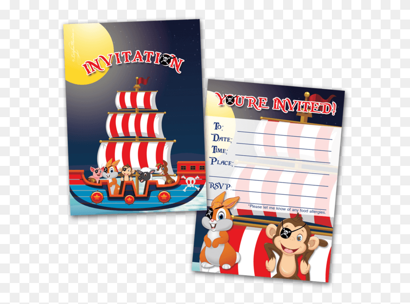 598x563 Kids Party Invitation Cards Animal Pirates Themed Cartoon, Text, Label, Leisure Activities HD PNG Download