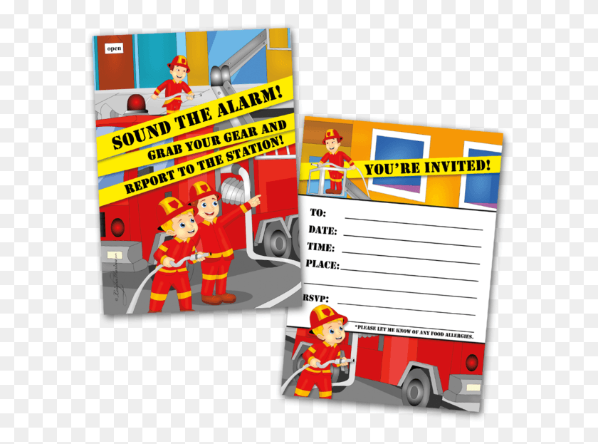 598x563 Kids Party Invitation Cards Fireman Themed And 20 Fire Apparatus, Person, Human, Text HD PNG Download