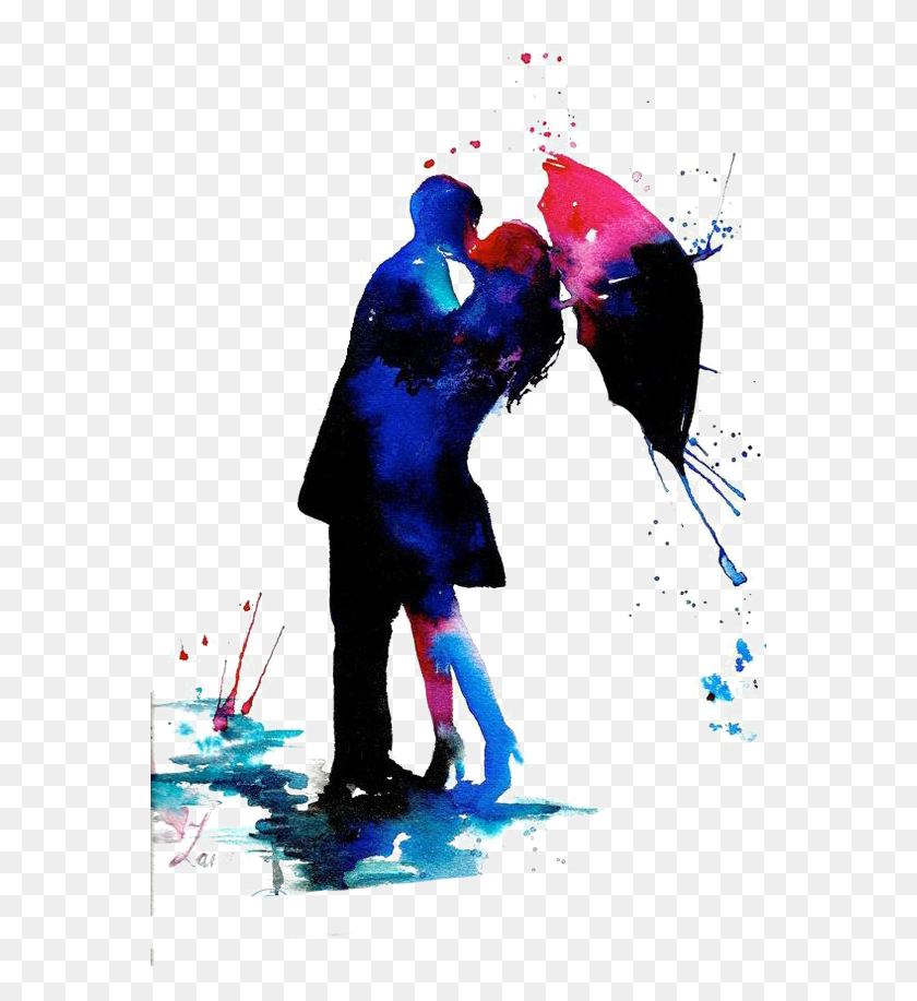 565x857 Kisspng Kiss Love Couple Romance Ex H5 Creative Umbrella In Rain Watercolor, Poster, Advertisement HD PNG Download