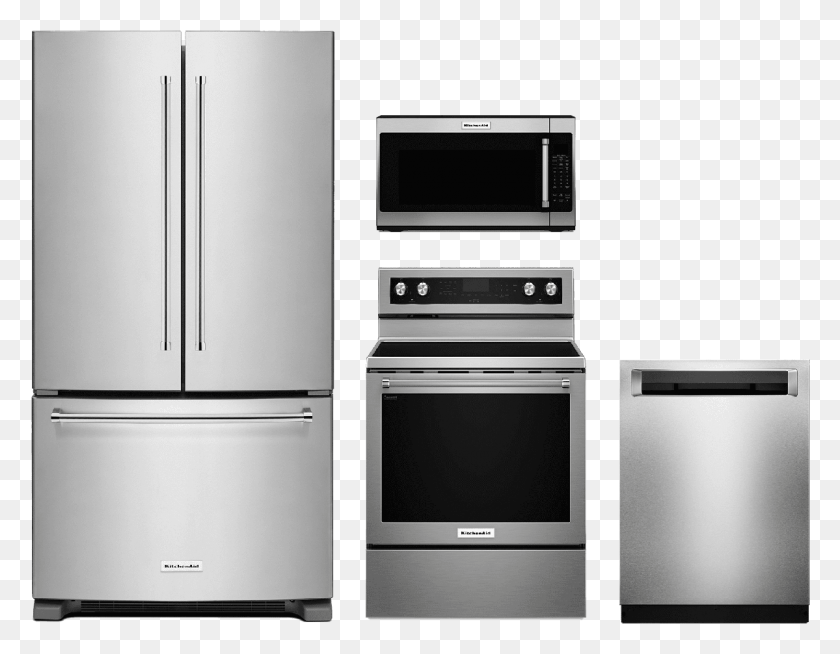 1199x914 Kitchenaid 4 Piece Kitchen Package Stainless Steel Home Appliance, Microwave, Oven, Refrigerator HD PNG Download