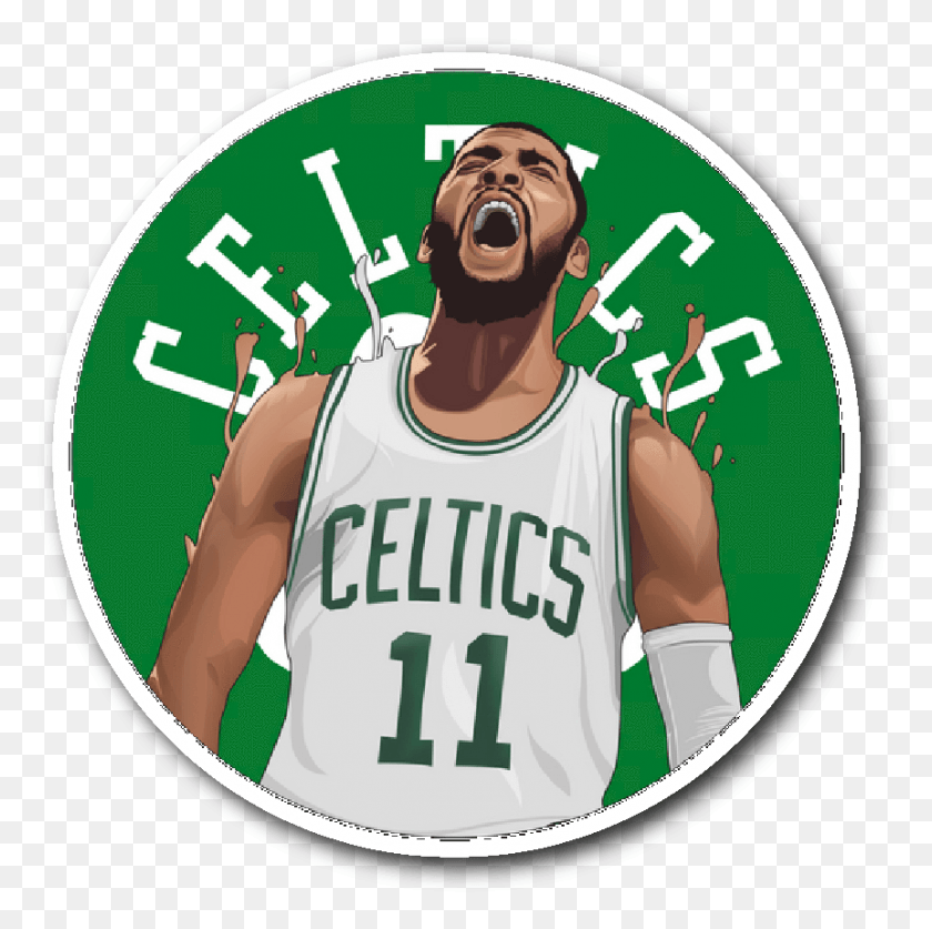 862x859 Descargar Png Kyrie Irving Celebración Etiqueta Engomada Del Vinilo Boston Celtics Logo, Persona, Humano, Etiqueta Hd Png