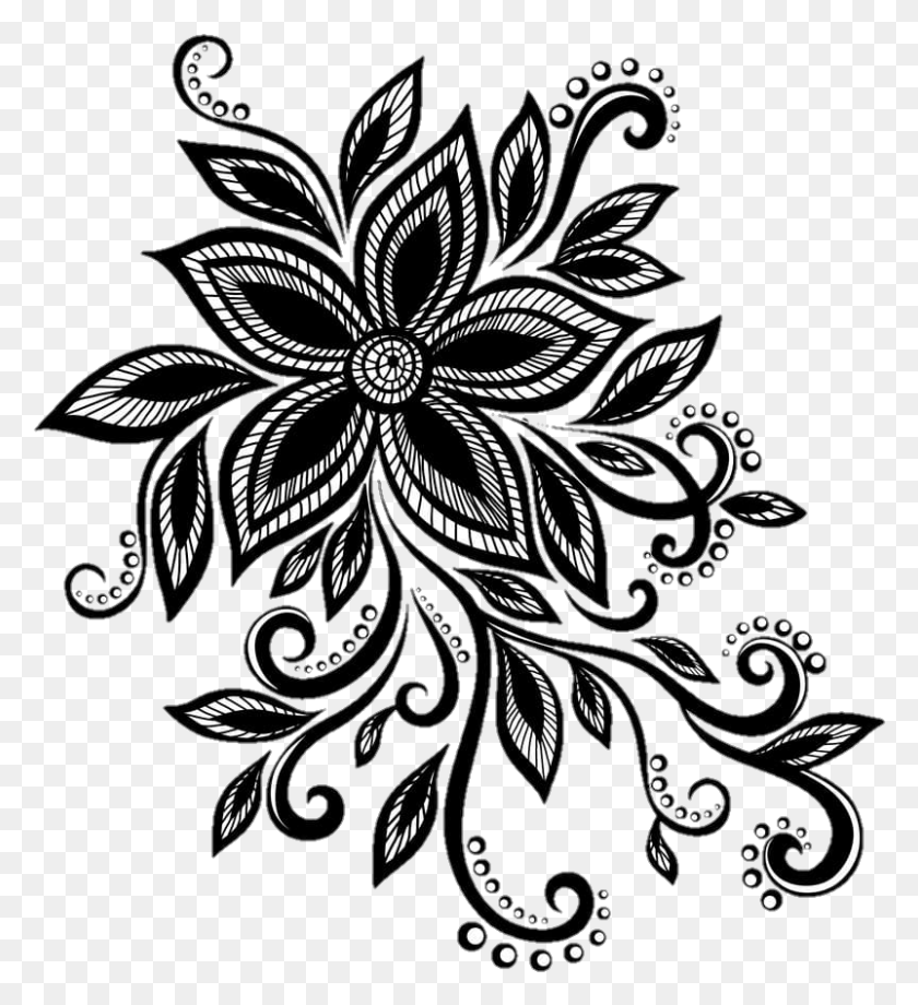 802x885 Descargar Png Diseño De Flor De Encaje Negro Flor Linda Bonita Blacklace Blanco Y Negro Dibujo De Flor, Gráficos, Diseño Floral Hd Png