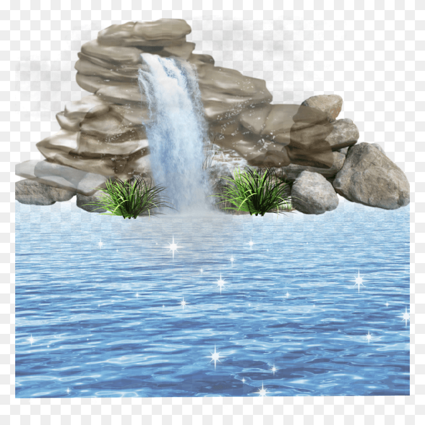 1024x1024 Lagoon Waterfall Mystic Water Rocks Fantasy Waterfalls Nature, Outdoors, Sea, Ocean Descargar Hd Png