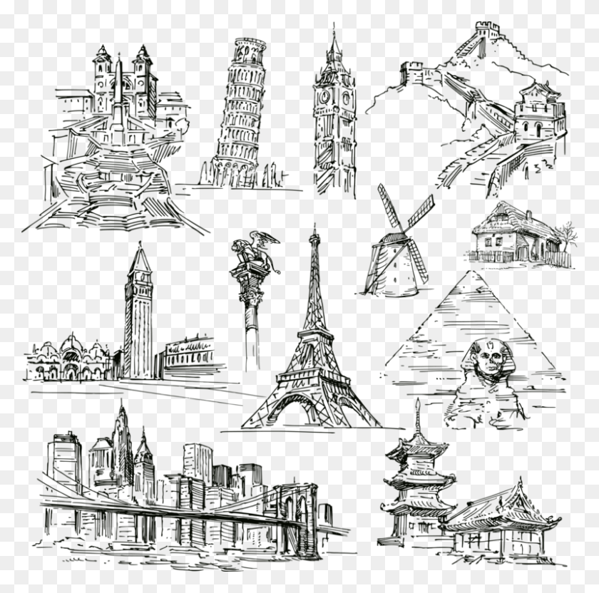 800x792 Landmark Drawing Hand Painted World Handpainted Landmarks World Famous Buildings Drawings, Nature, Poster HD PNG Download