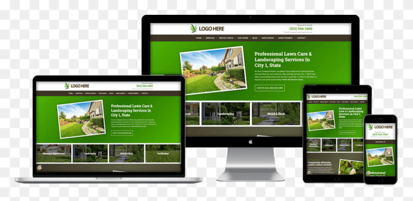 977x437 Descargar Png Lawn Amp Landscape Responsive Website Template Plantilla De Sitio Web De Cuidado Del Césped, Teléfono Móvil, Electrónica Hd Png