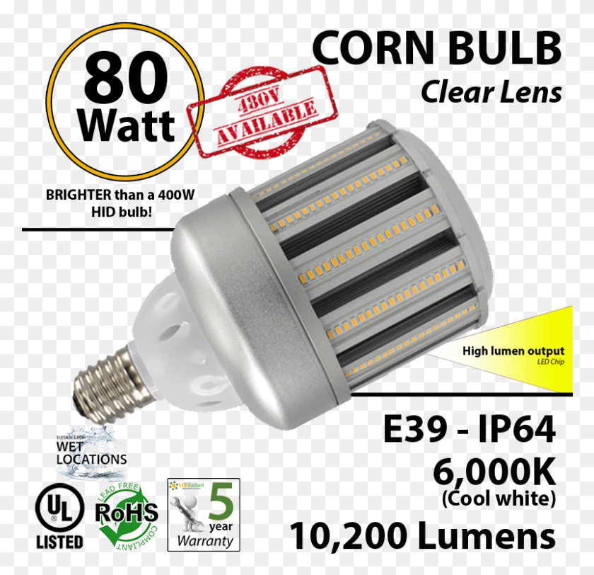 801x773 Led Corn Cob Light Bulb 10200 Lumens 350 Watt Replacement Led 18w Equivalent, Light, Lightbulb, Lighting HD PNG Download