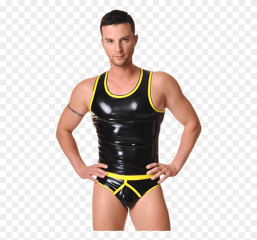 478x726 Libidex Y Front Briefs From Our Latex Shorts And Underwear Men Latex Tank Top, Person, Human, Clothing HD PNG Download