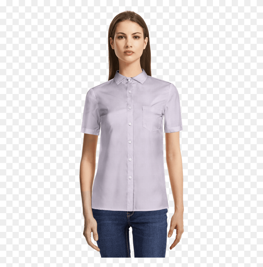340x792 Light Purple Short Sleeved Dobby Dress Shirt With Pocket View Stand Collar Shirt For Women, Clothing, Apparel, Person Descargar Hd Png
