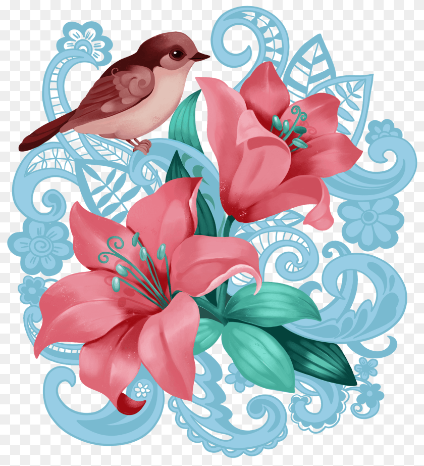 1750x1920 Lilies And Bird Clipart, Art, Floral Design, Graphics, Pattern PNG
