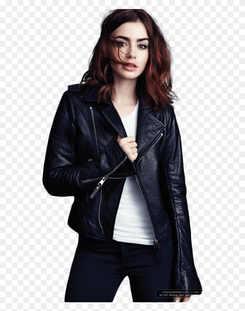 554x1007 Lily Collins Lily Collins Leather Jacket, Clothing, Apparel, Coat HD PNG Download