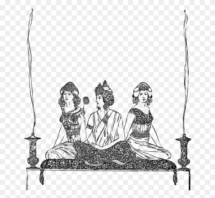 652x711 Line Art Three Women Oriental Women Sitting Female Sitting, Gray, World Of Warcraft HD PNG Download