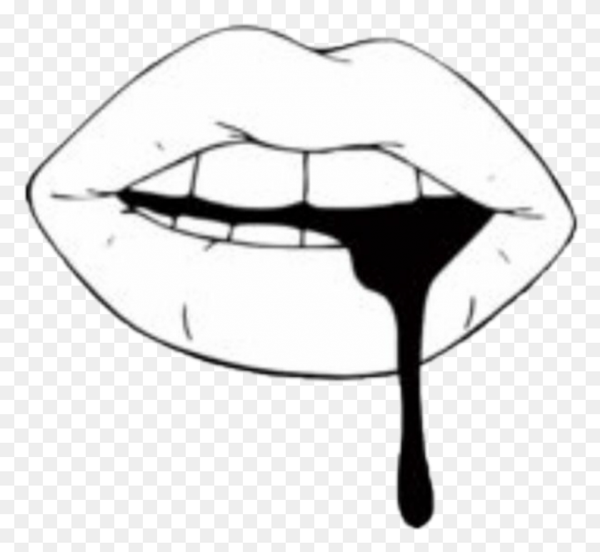 Lip Black Tint Aesthetic Sticker White Blood Dripping From Mouth Drawing, Helmet, Clothing, Apparel HD PNG Download