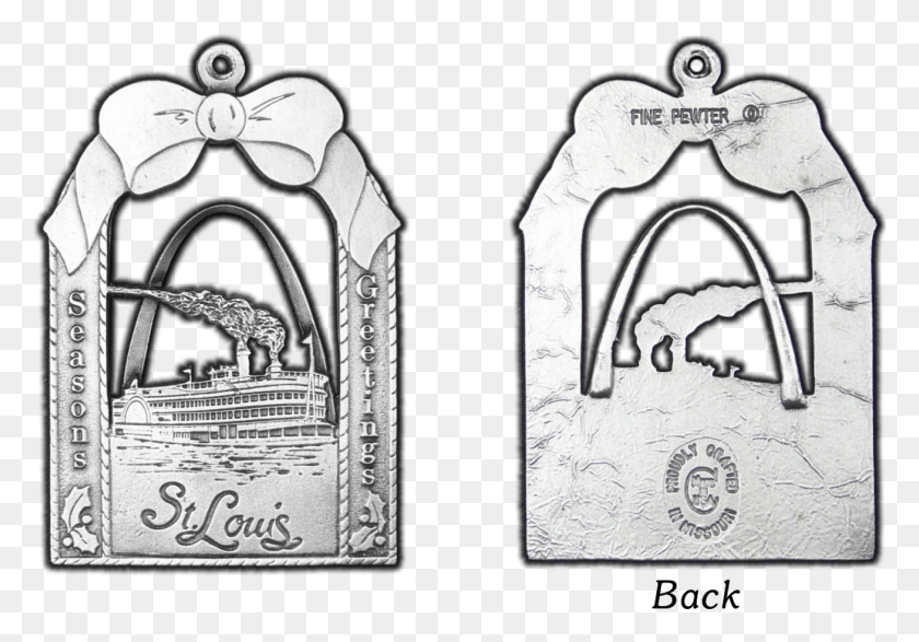 1307x884 Louis Arch Amp Steamboat Pewter Christmas Ornament Cartoon, Text, Lock, Gate HD PNG Download