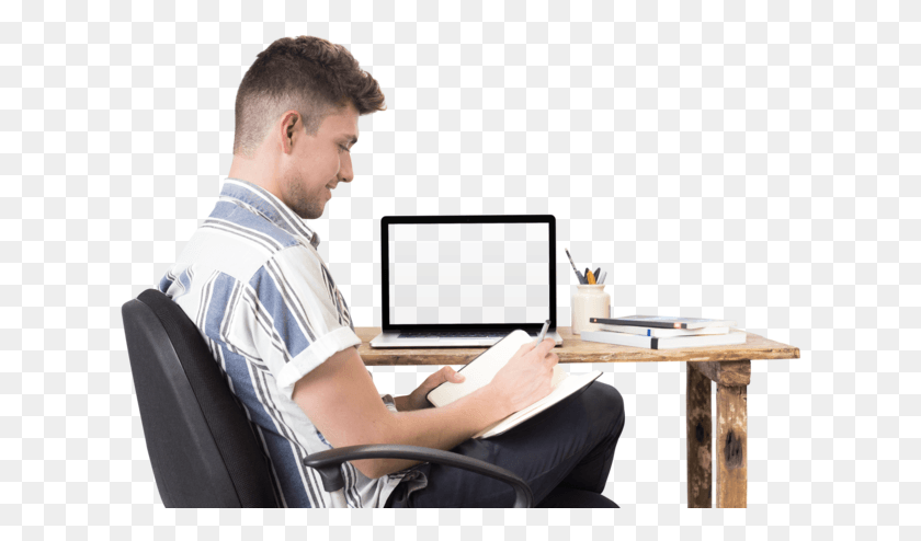 621x434 Macbook Mockup Of A Man Writing In His Notebook Output Device, Person, Human, Computer HD PNG Download