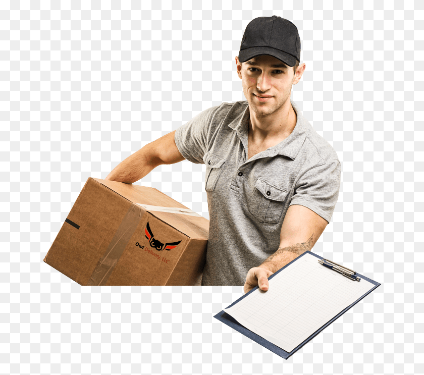 672x683 Man Carrying Box And Holding Papers Courier, Package Delivery, Person, Carton HD PNG Download