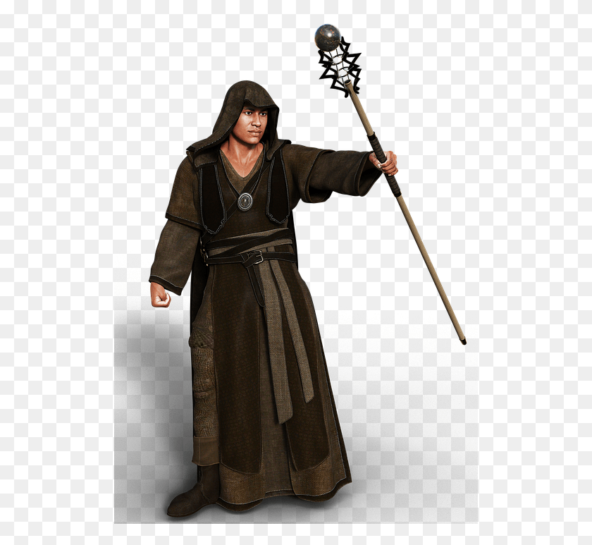 517x713 Man Coat Fantasy Middle Ages Magician Hood Wand Cosplay, Clothing, Apparel, Person HD PNG Download