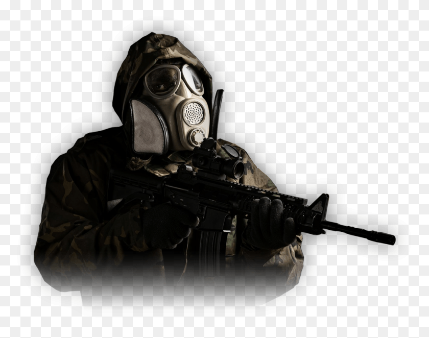 973x751 Man In Hazmat Suit In Chopper Down Escape Room At Lockbuster Kimyvi Silahlar, Person, Human, Army HD PNG Download