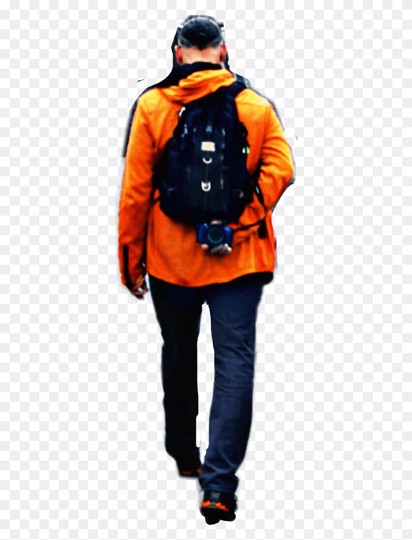 378x1042 Man Walking Away Orange Jacket Backpack Boy Man Walking Away, Clothing, Apparel, Pants HD PNG Download