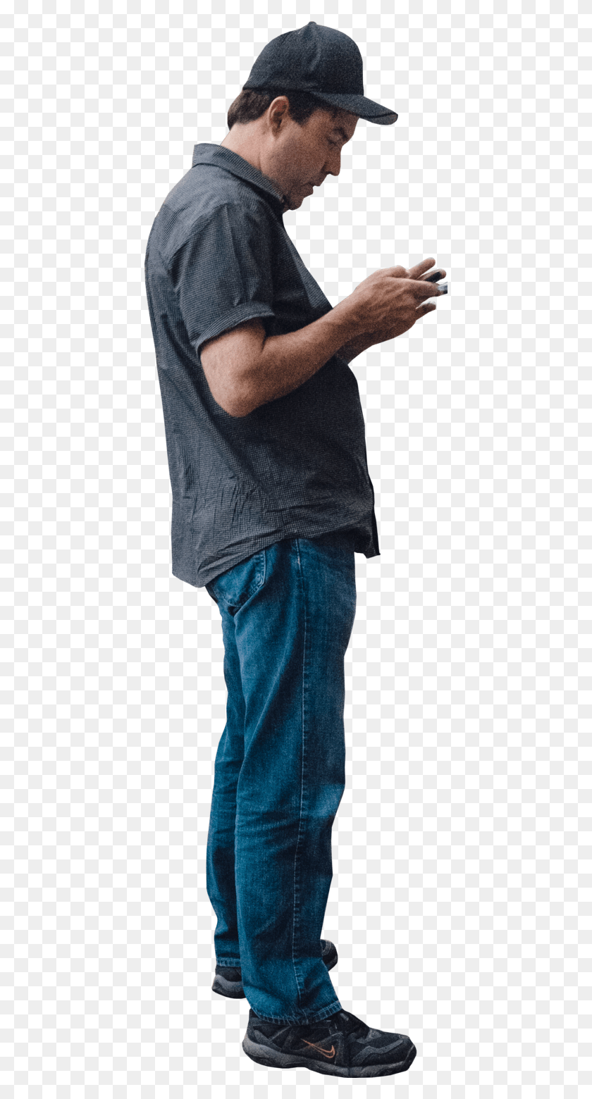430x1500 Manstandingtextingside Man Standing By Side, Pants, Clothing, Apparel HD PNG Download