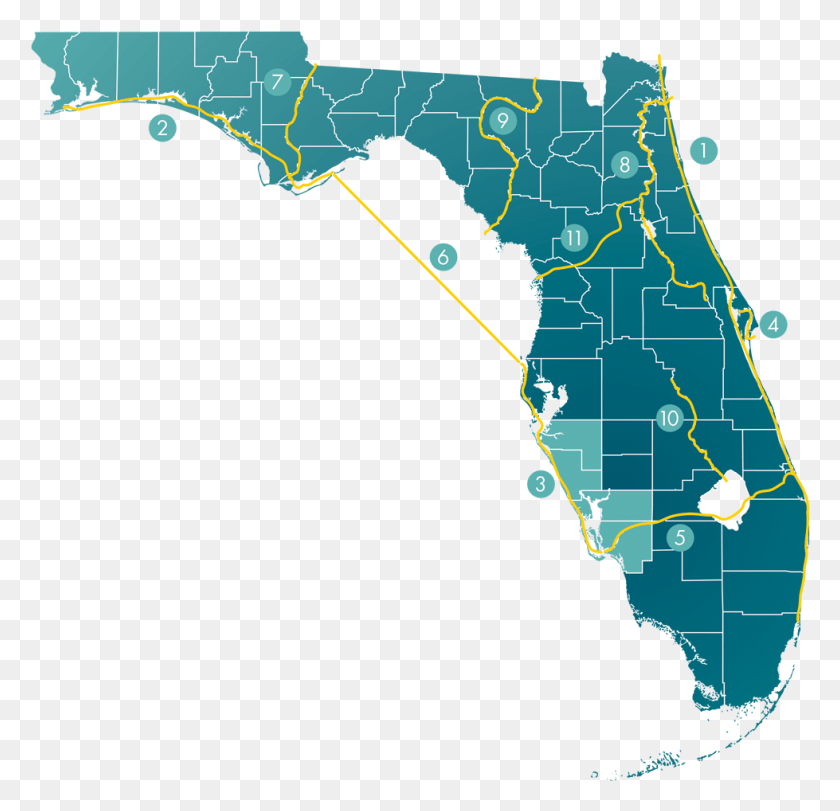 979x943 Map Of Florida Outlining And Number The Waterways According Florida Election Map 2016, Plot, Diagram, Atlas HD PNG Download