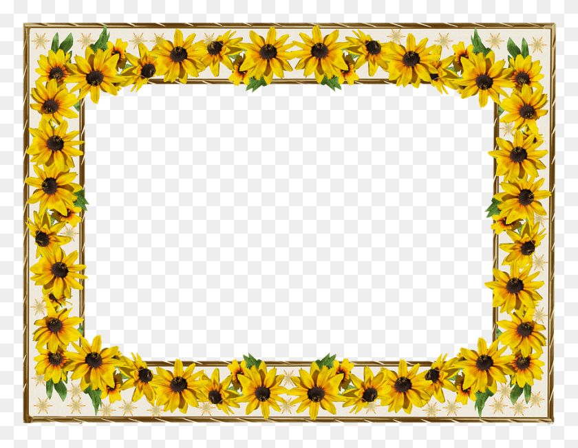903x686 Marco Oro Borde Flores De Sol Gambar Bingkai Bunga Matahari, Plant, Flower, Blossom HD PNG Download
