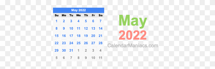 425x210 May 2022 Calendar HD PNG Download