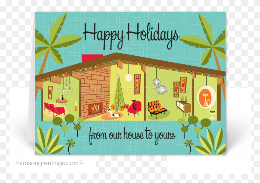 947x645 Mcentury Modern House Holiday Card Mid Century Modern Christmas Cards, Neighborhood, Urban, Building Descargar Hd Png