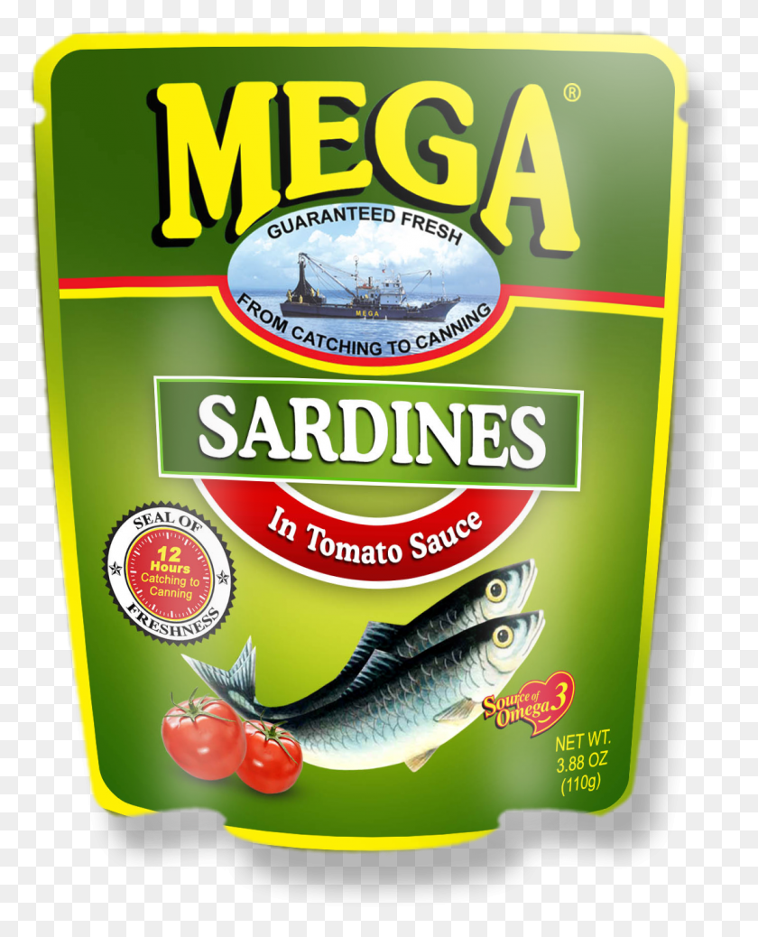 1106x1388 Mega Sardines Tomato Sauce In Pouch 110g Mega Sardines Logo, Fish, Animal, Plant HD PNG Download