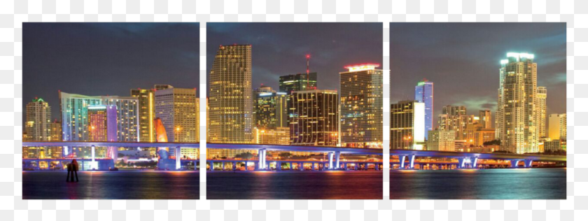 978x321 Miami At Night 3 Piece Wall Decor Skyscraper, City, Urban, Building HD PNG Download