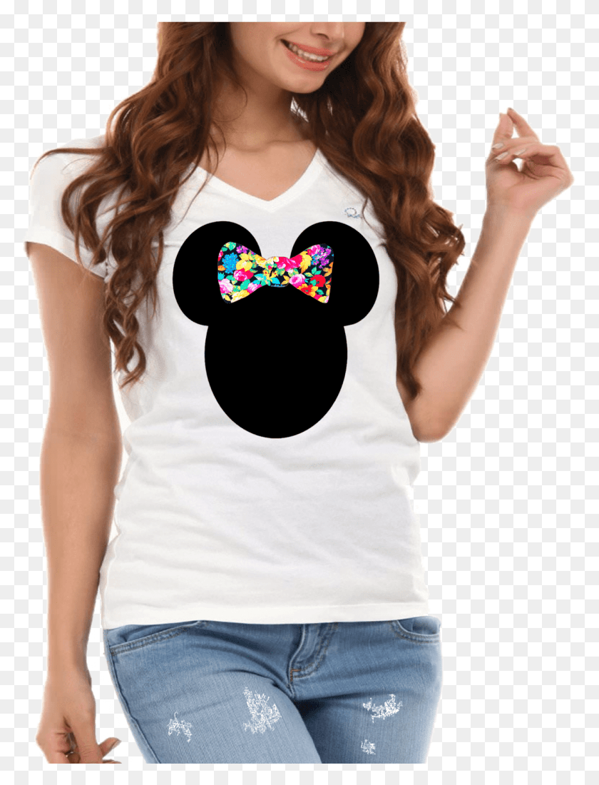 1091x1456 Minnie Mickey Floral Pattern Bow Silhouette Ladies White Women T Shirt Model, Clothing, Apparel, Person HD PNG Download