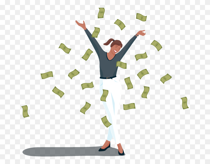 672x599 Money Falling From The Sky Around Smiling Woman Jumping, Confetti, Paper, Person HD PNG Download
