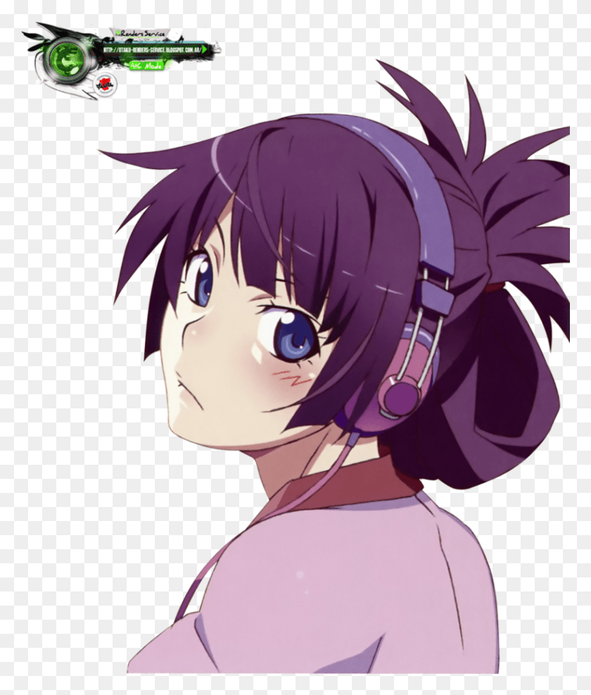 820x975 Monogatari Senjougahara Kakoiii Headphones By Otakurenders Aesthetic Purple Hair Anime Girl, Comics, Book, Manga HD PNG Download