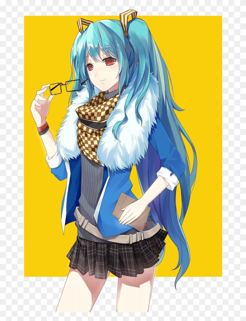 680x1035 Myanimelife Blue Haired Girl Glasses Twin Tails Cartoon, Manga, Comics, Book HD PNG Download