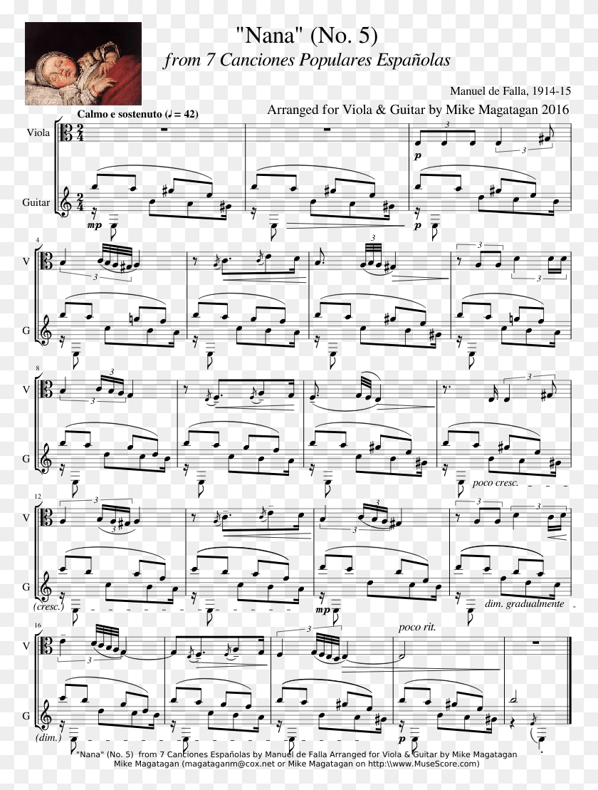 779x1049 Nana From 7 Canciones For Viola Amp Guitar Orchestral Suite No 3 In D Major Piano Sheet Music, Gray, World Of Warcraft, Person HD PNG Download