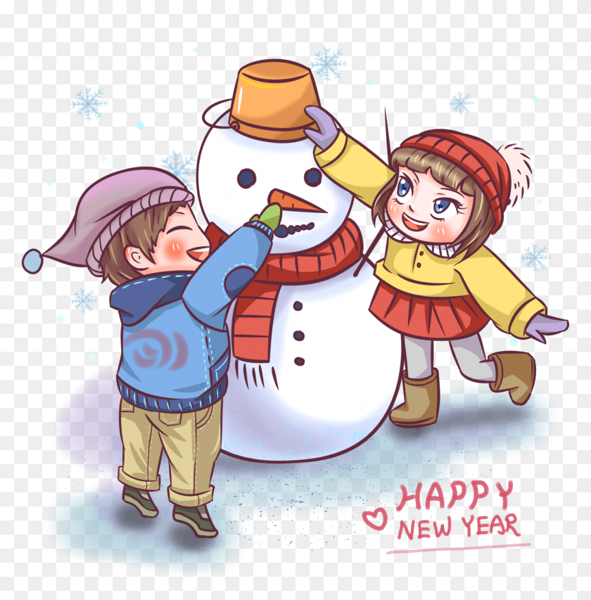 1853x1886 New Year Playful Scene Play Snowman Child And Psd Cartoon, Nature, Outdoors, Snow HD PNG Download