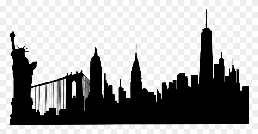 1024x495 Newyork Statueofliberty Edificios Silueta Horizonte De Nueva York Silueta Pintura, Gris, World Of Warcraft Hd Png