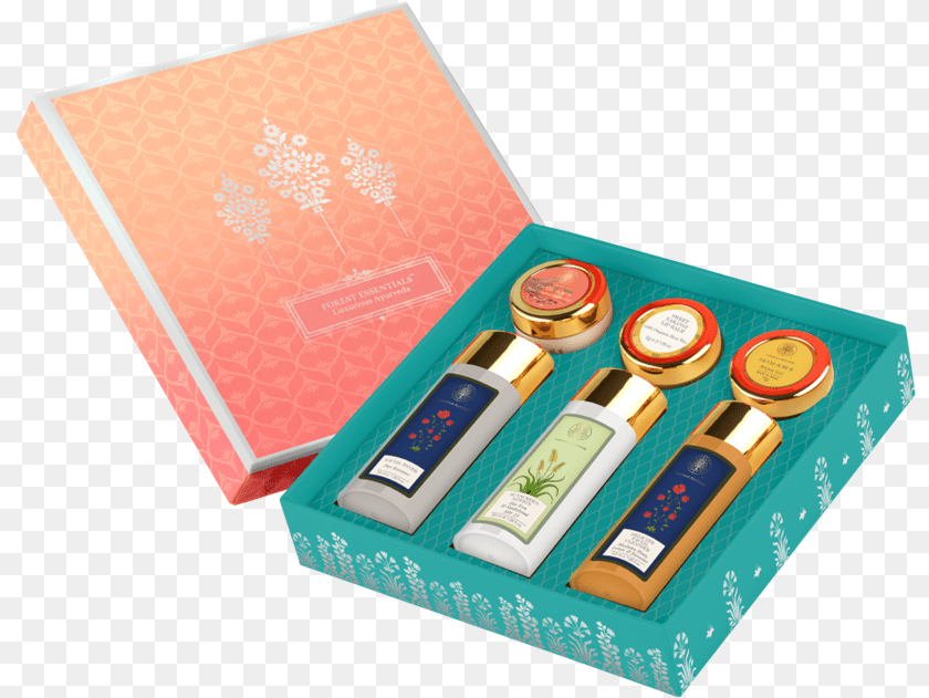 Noor Pure Indulgence Forest Essentials Gift Box, Bottle, Lotion, Tape, Cosmetics PNG