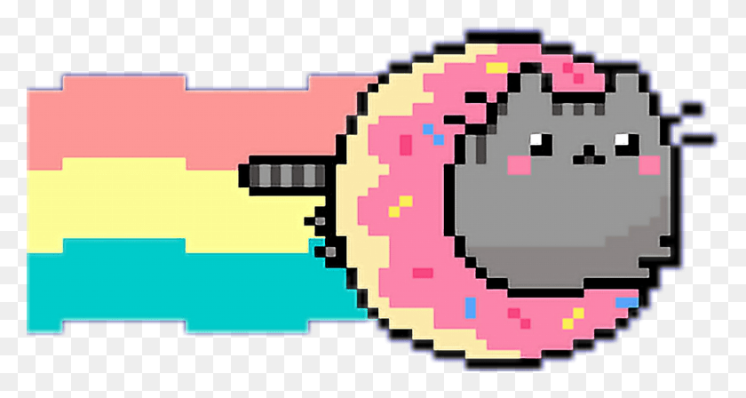 1024x510 Not My Art Pusheen Nyan Cat X3 Kawaii Pixel Art Donut, Label, Text, Staircase HD PNG Download