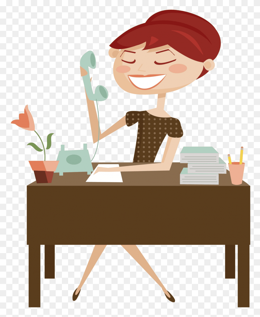 1797x2229 Office Woman Phone Cartoon, Person, Human, Table HD PNG Download