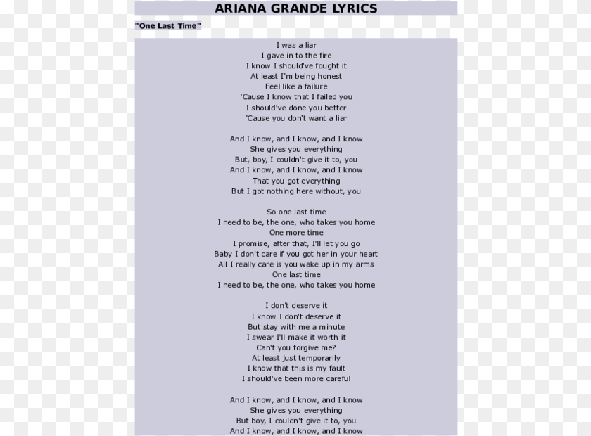 461x620 One Last Time Ariana Grande Lyrics, Page, Text, Menu PNG